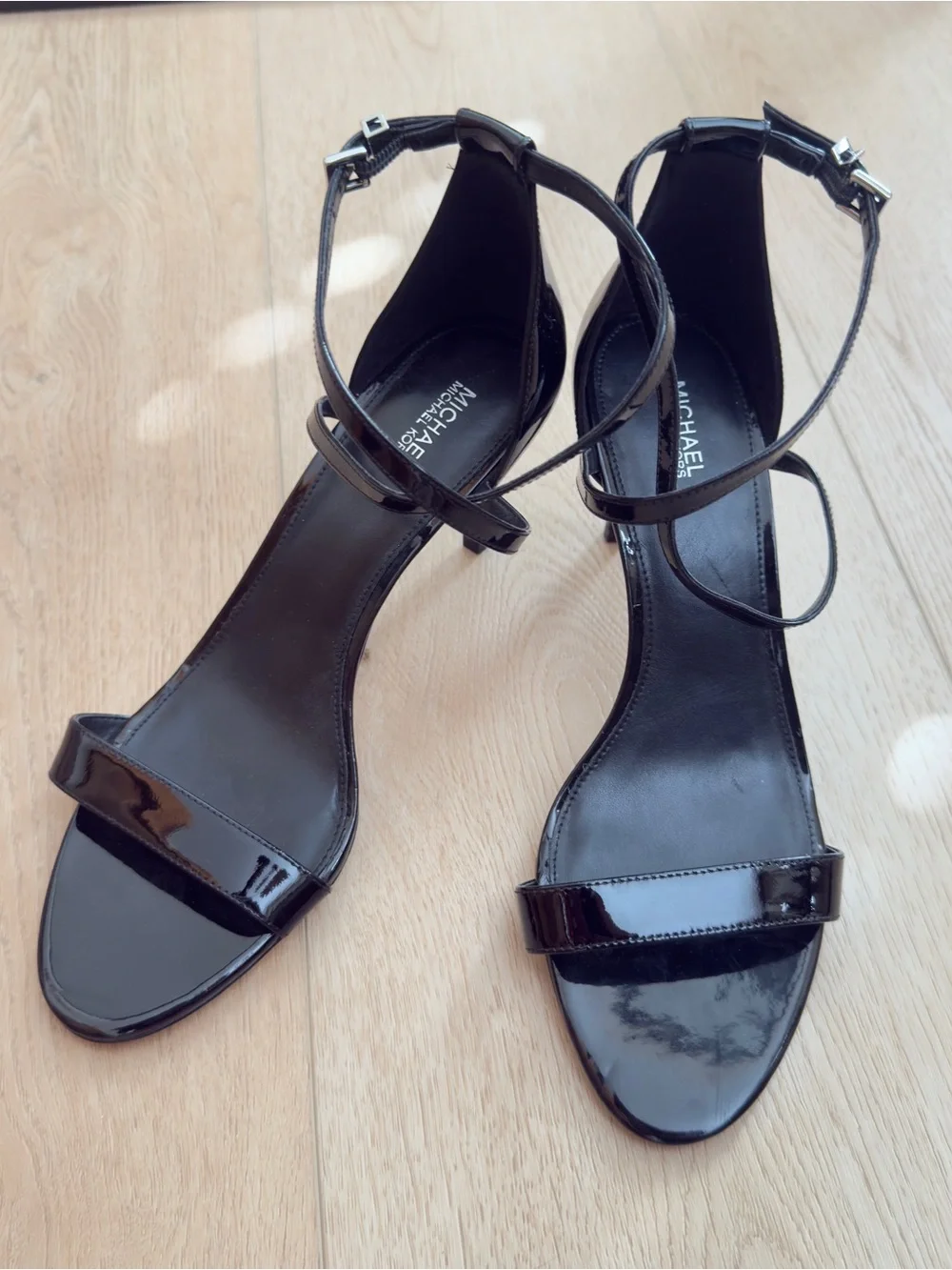 MICHAEL Michael Kors Ava Mid Patent Leather Strappy Sandal Black Size 10